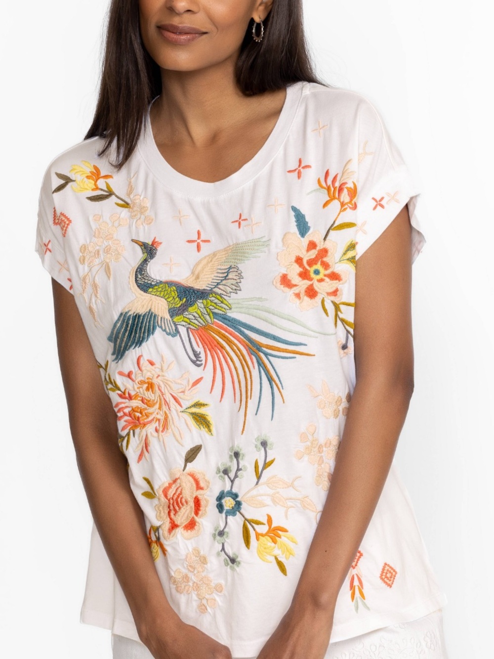 Johnny Was Ceretti White Embroidered Phoenix Floral Tee Sz L Top